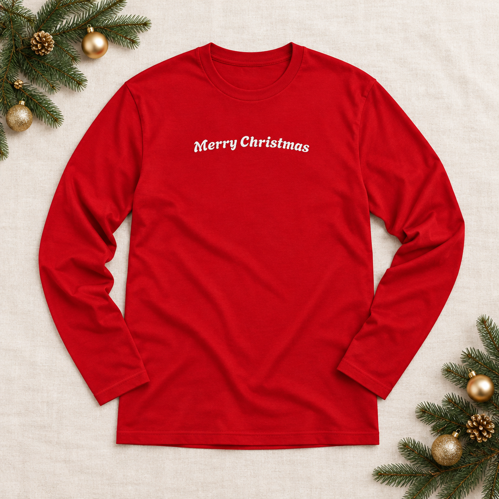 Red Merry Christmas long sleeve tee flat lay with evergreen sprigs and gold ornaments