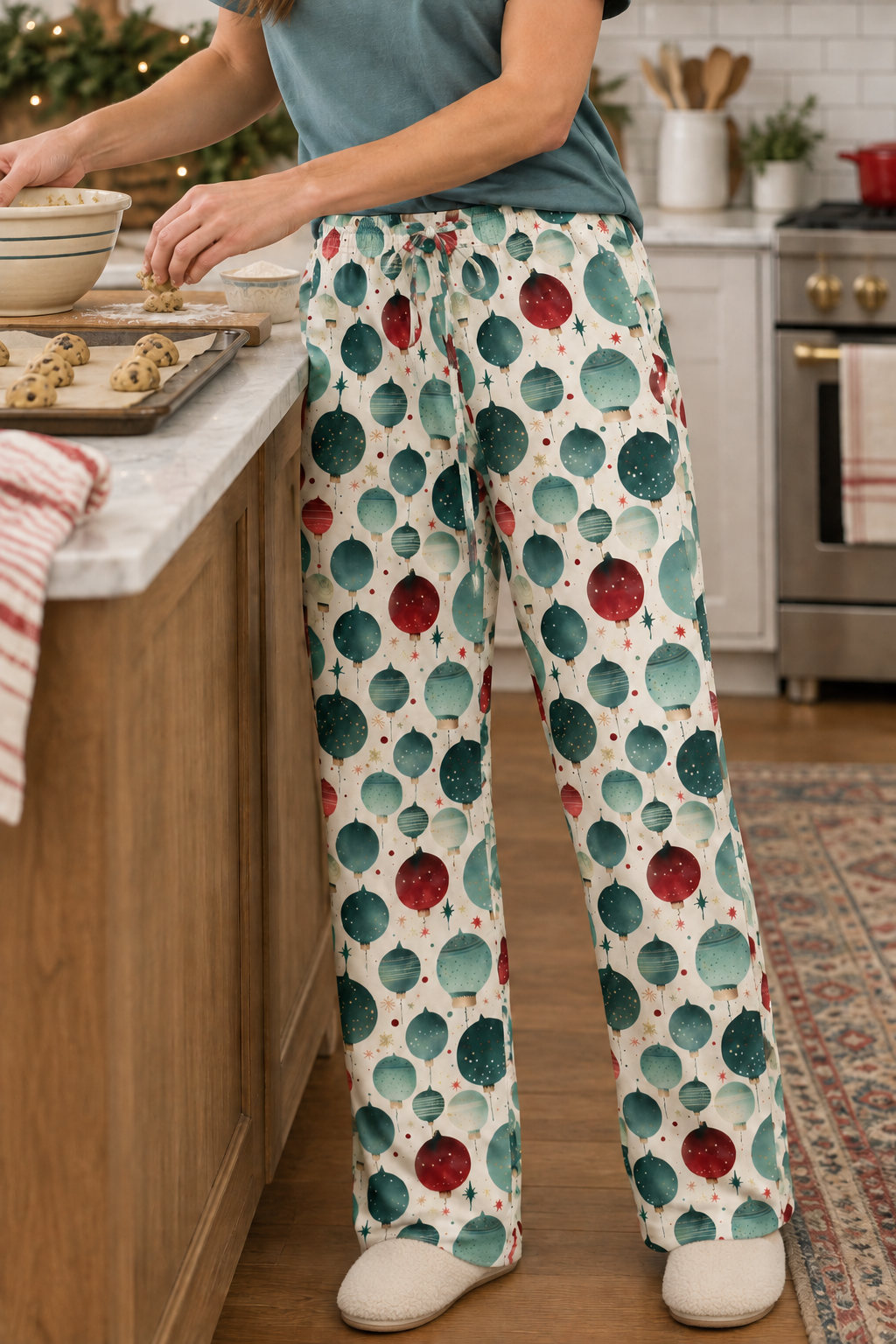 Holiday pajama pants close-up while preparing cookie dough, soft bedroom slippers