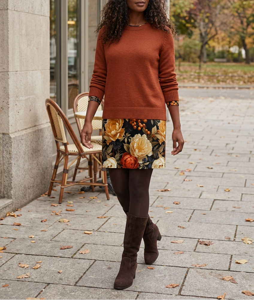 Olive Floral T-Shirt Dress layered with a rust sweater and matching beret