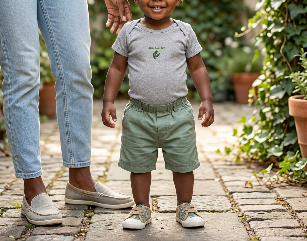Toddler wearing the gray Baby Bay Leaf onesie.