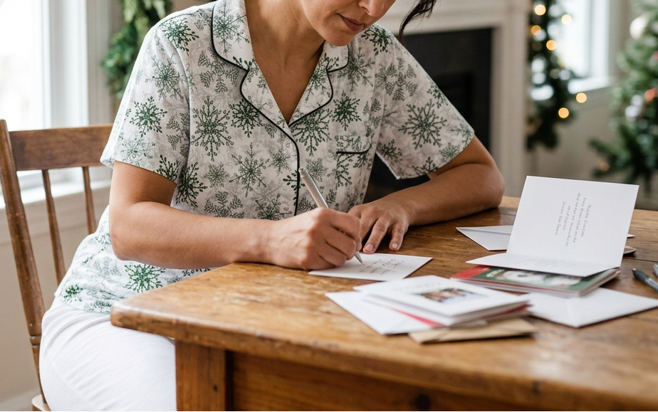 Green Snowflake short sleeve pajama top while writing Christmas cards