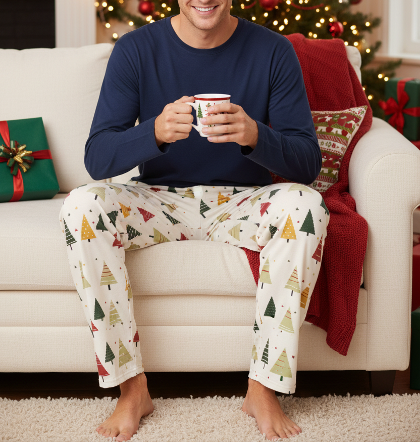 Blond man wearing Spring Christmas Tree pajama pants with a solid navy shirt in a Christmas living room