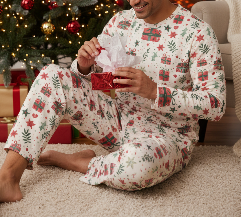South Asian man wearing the complete Christmas Present matching pajama set while opening a holiday gift