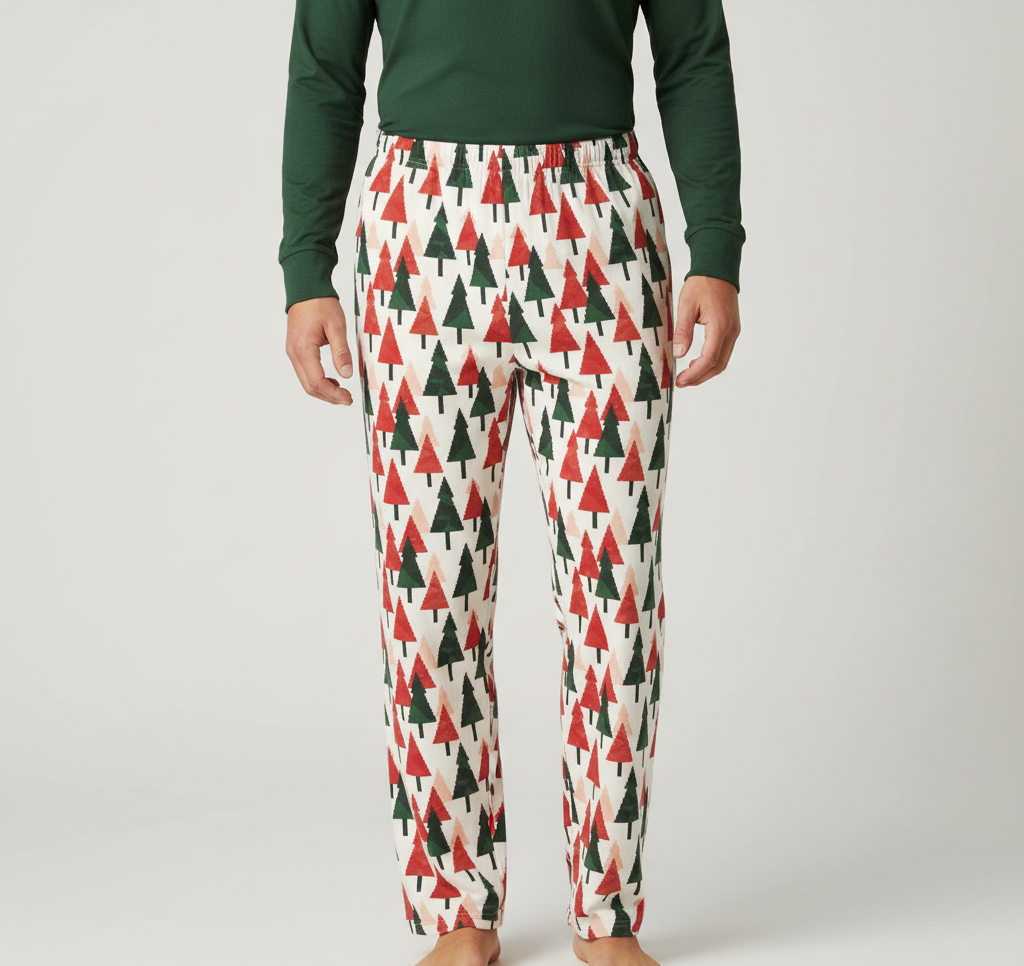 Different unique adult male model showing the full Christmas Tree pajama pants and pocketless front in close up