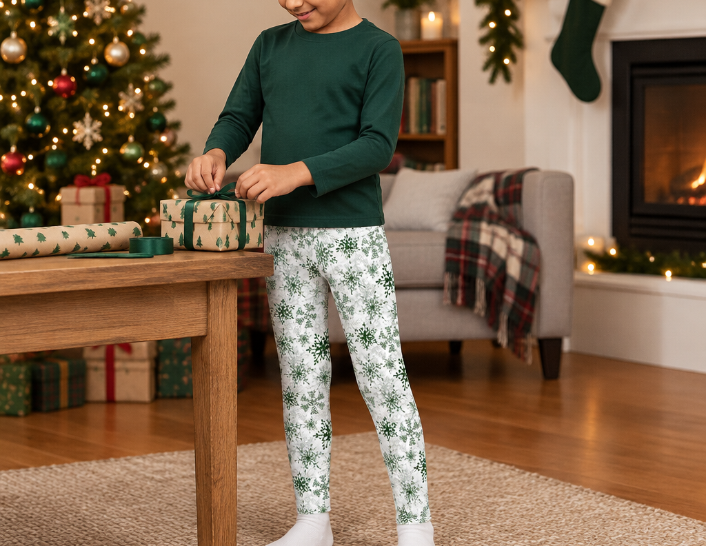 Child wearing Green Snowflake kids leggings while wrapping a holiday gift
