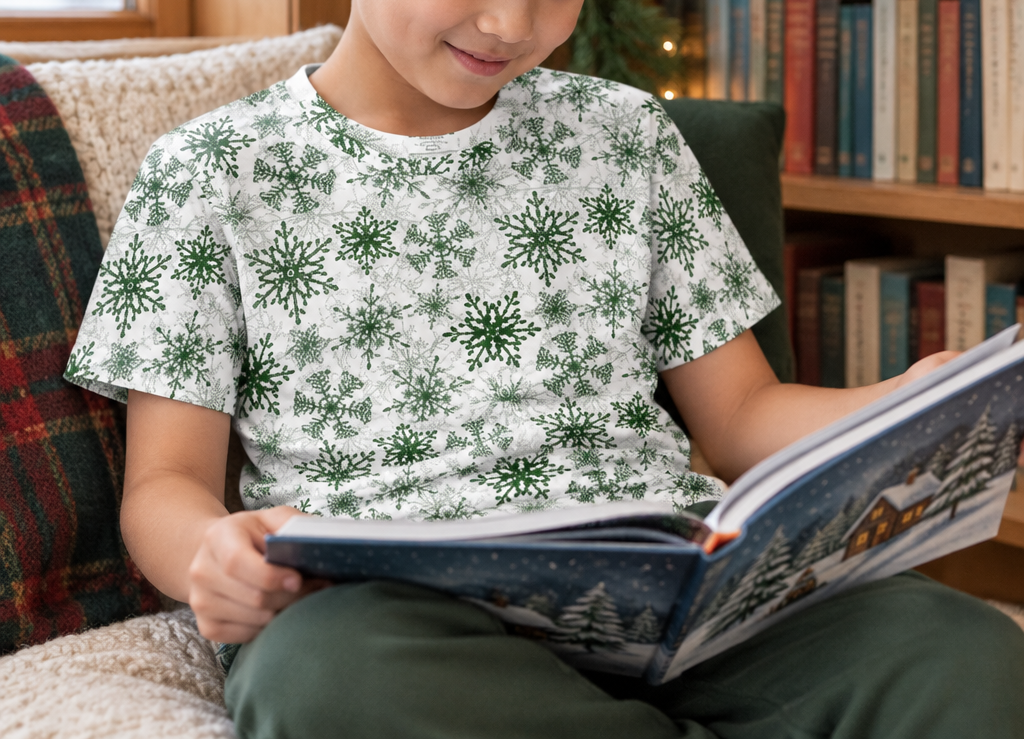 Child wearing green snowflake kids pajama top while reading a winter story