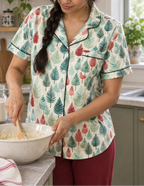 Leafy Dreams women's short sleeve pajama top while mixing batter