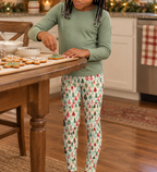 Girl in Leafy Dreams leggings decorating gingerbread cookies