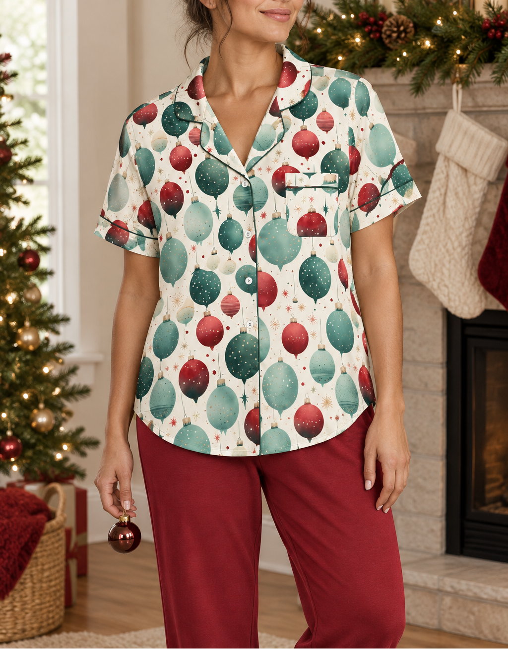 A woman beside a holiday mantel wearing the ivory ornament-print short-sleeve pajama top and cranberry pajama pants.