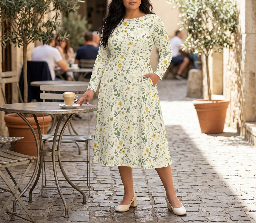 White Floral Long Sleeve Midi Dress lifestyle image 3