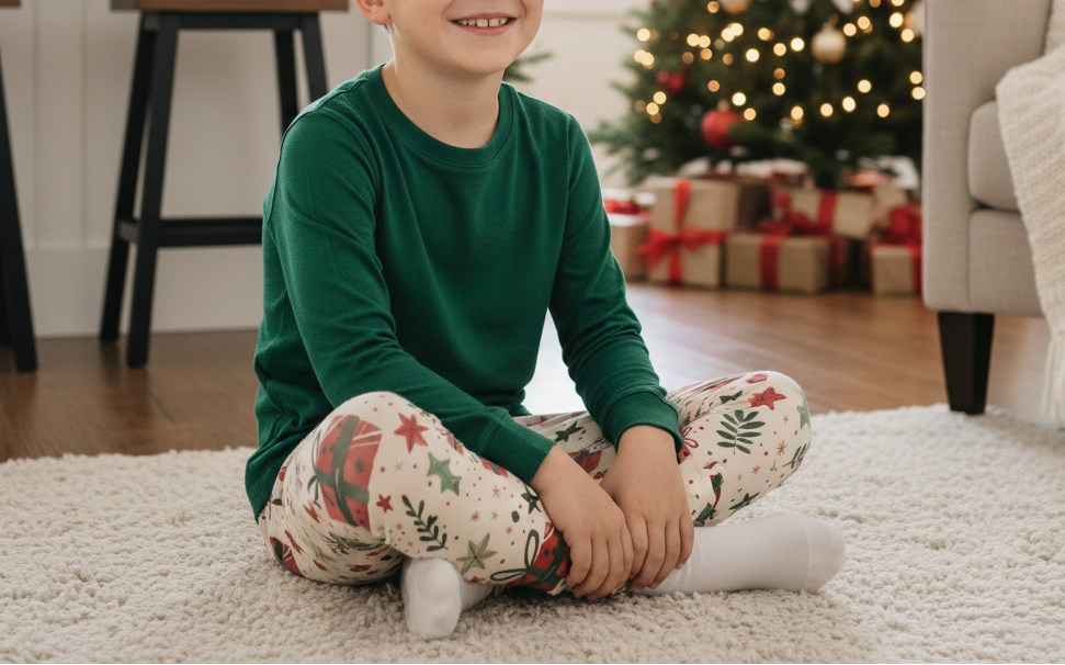 White child wearing Christmas present leggings with a green top in a bright indoor holiday family room