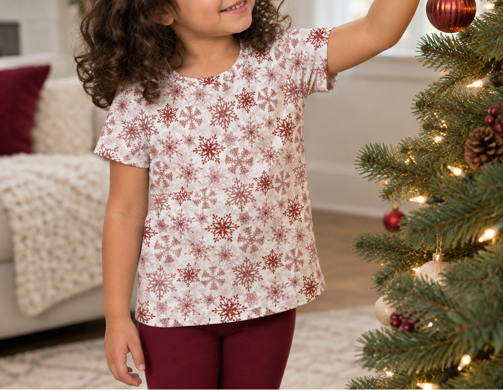 Child wearing Red Snowflake kids pajama top while decorating a Christmas tree
