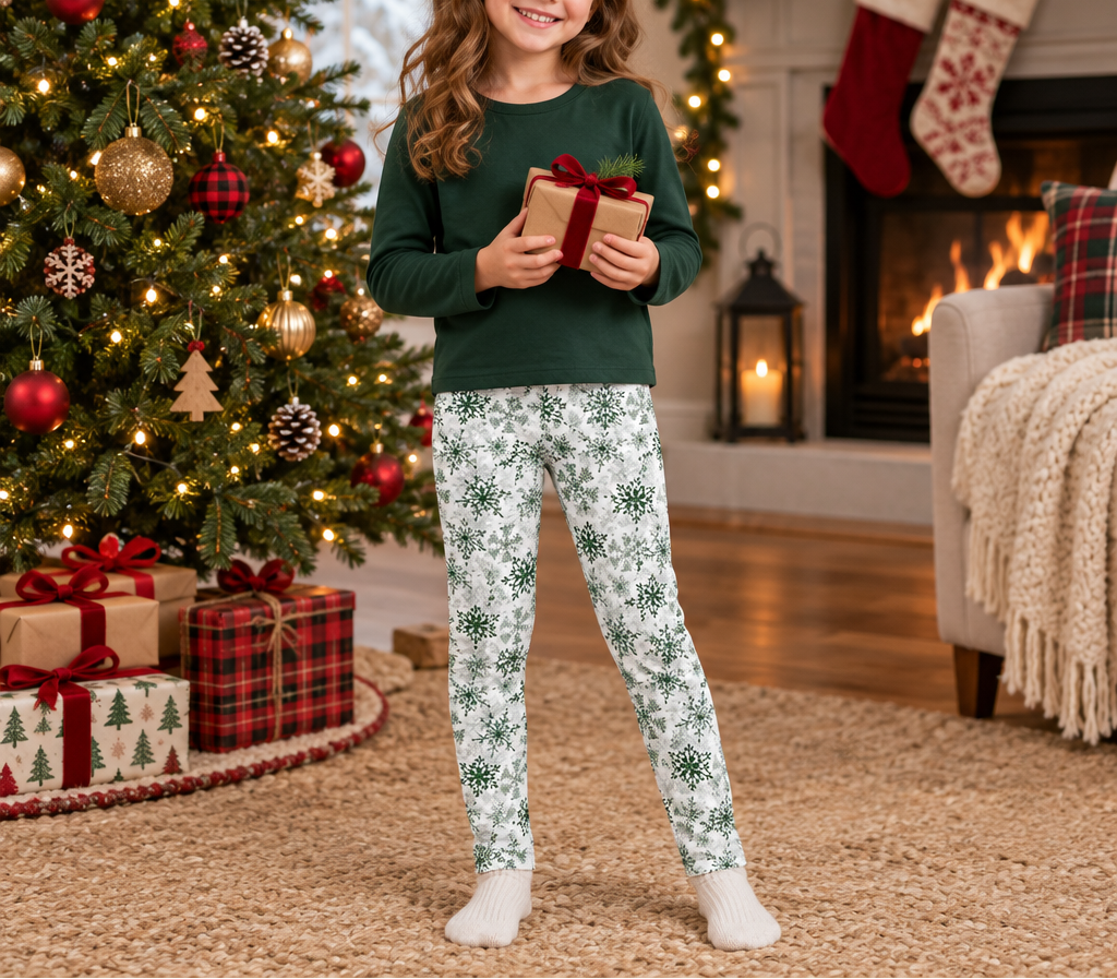 Child wearing Green Snowflake kids leggings beside a Christmas tree holding a gift