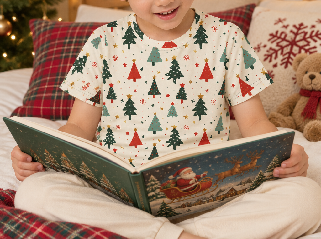 Child wearing a Christmas tree pajama top while reading in a festive bedroom