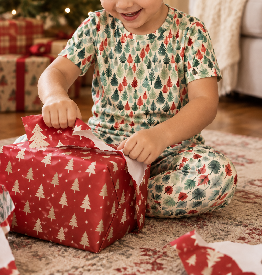 Toddler in Leafy Dreams pajamas opening a Christmas present
