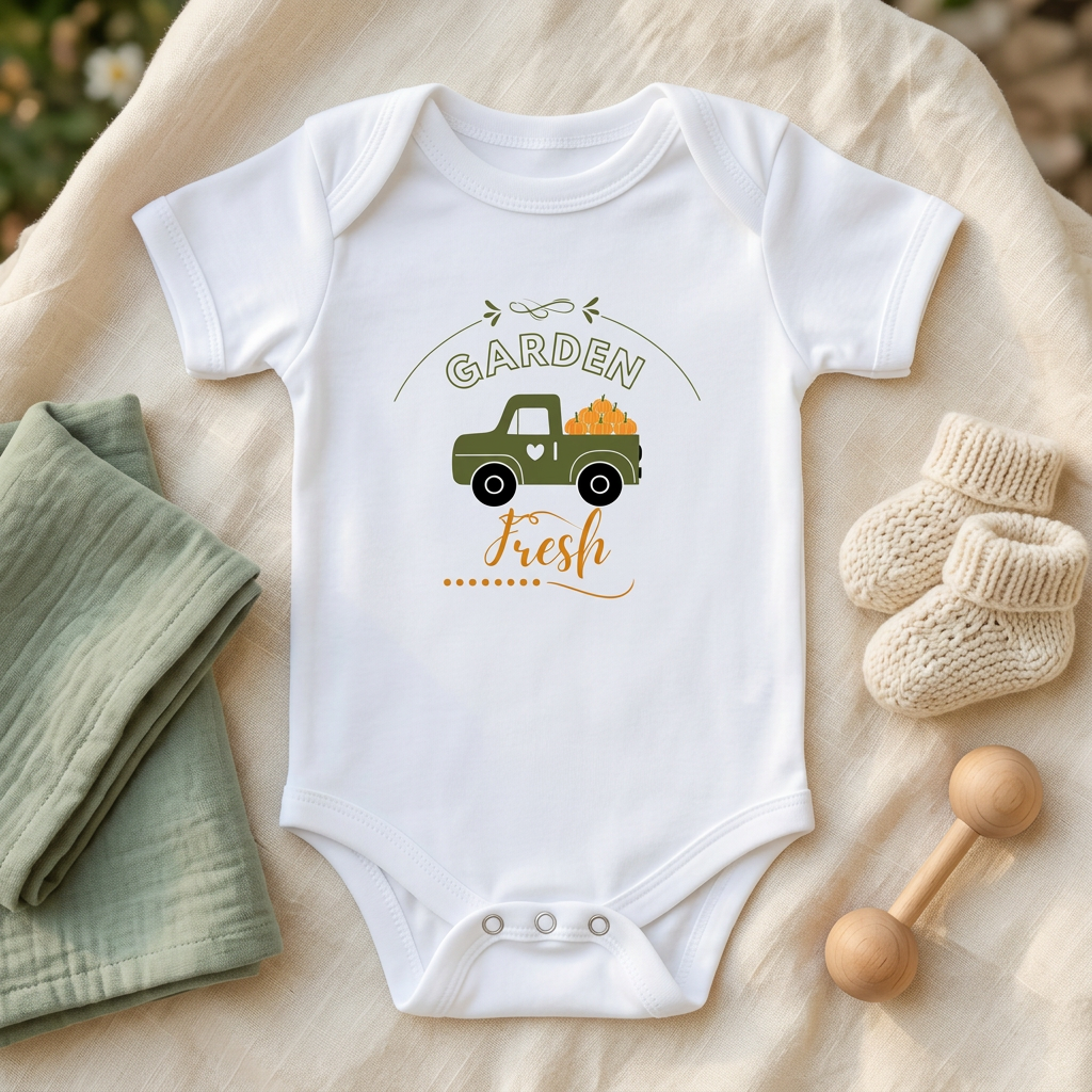 White Garden Fresh baby onesie styled with sage blanket, cream knitted booties and wooden rattle.