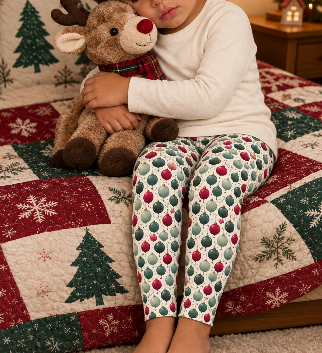 Child wearing Holiday ornament leggings cuddling a stuffed reindeer at bedtime