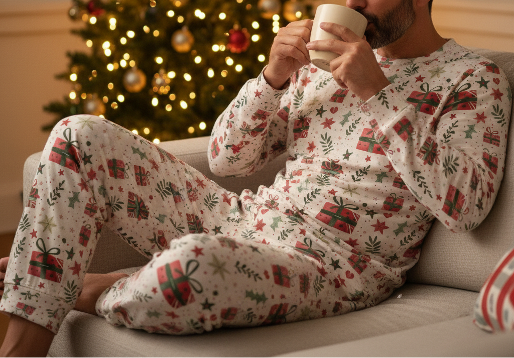 Middle Eastern man wearing Christmas Present pajamas while relaxing with a holiday movie