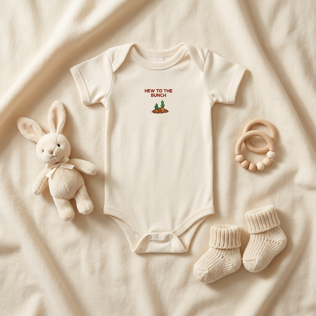 Natural cream Lil Carrot New to the Patch short-sleeve onesie styled with baby accessories