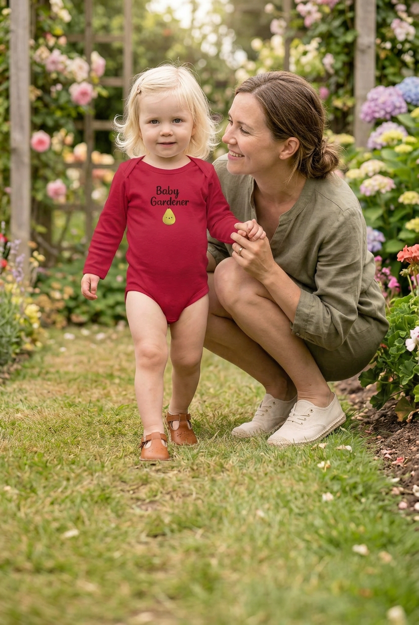 A toddler in a red long-sleeve bodysuit with 'Baby Grandpa' and a small yellow sun graphic walks barefoot in a grassy garden path while a woman crouches beside her, surrounded by blooming pink roses.