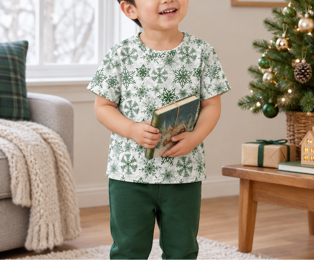 Toddler wearing Green Snowflake kids pajama top while holding a winter storybook by a Christmas tree