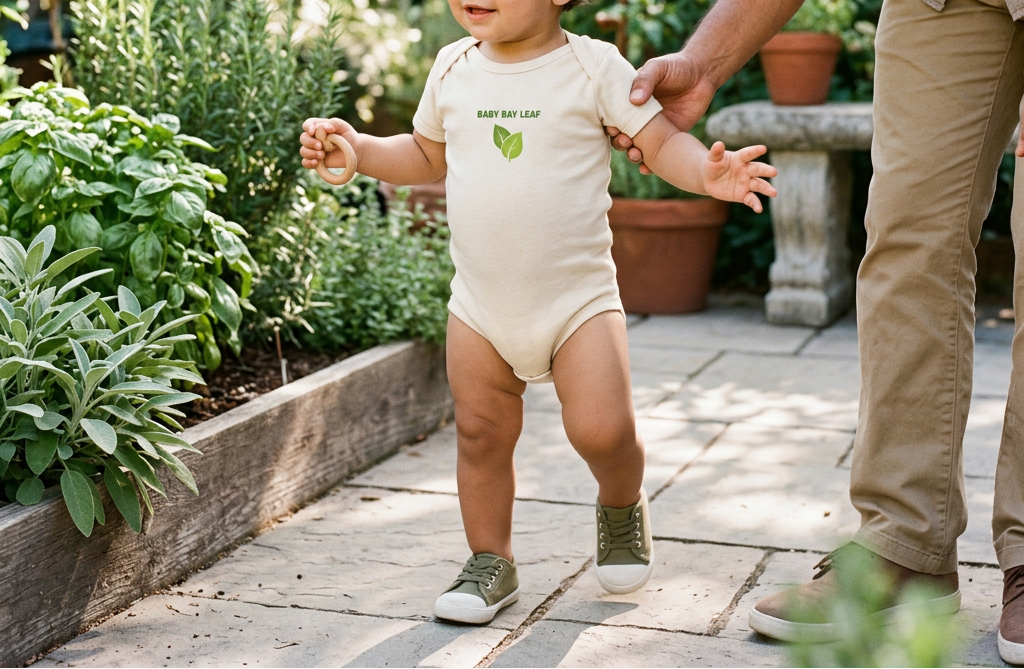 Organic Natural Baby Bay Leaf cotton baby onesie courtyard lifestyle image