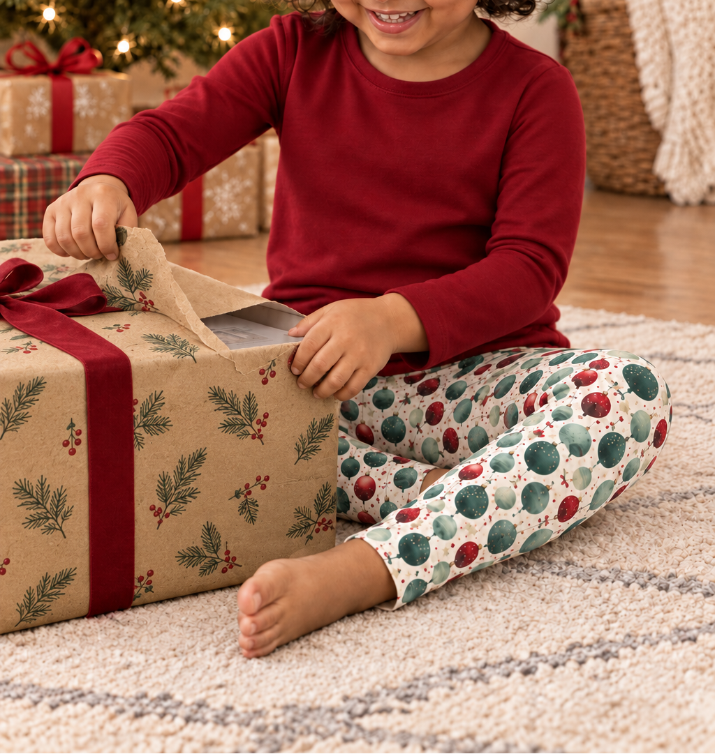 Toddler opening a gift wrapped in kraft paper with evergreen sprigs, wearing Holiday ornament leggings