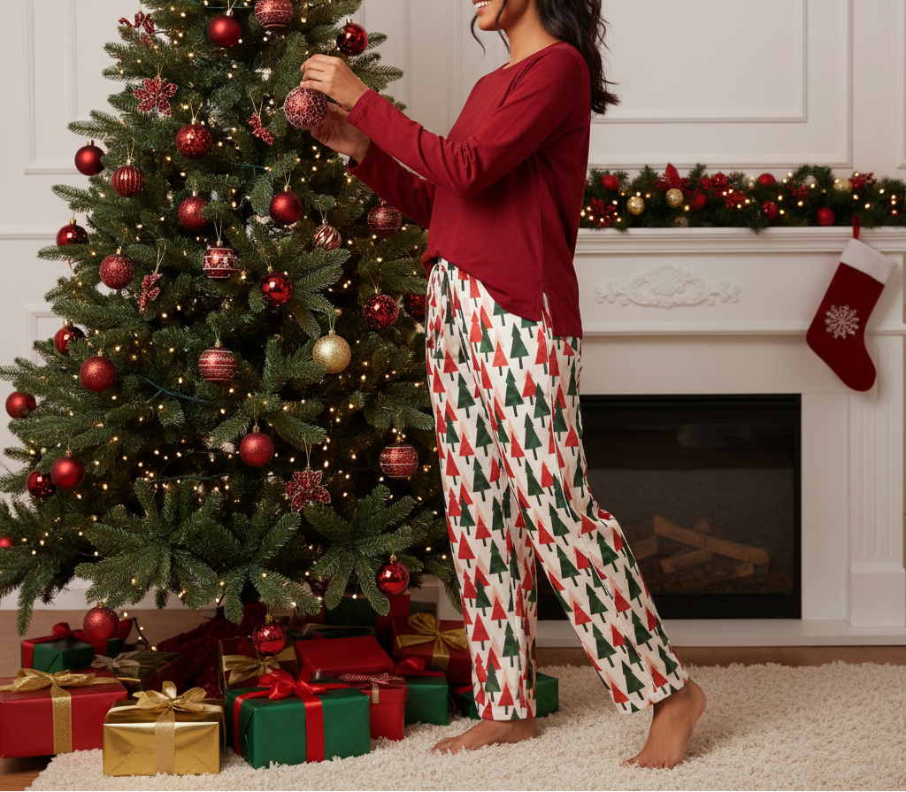 South Asian woman wearing Christmas tree pajama pants with a red top while decorating a Christmas tree