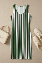 Green Striped Bodycon Dress flat lay with cream sneakers and matching bag