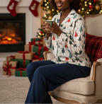 Black woman wearing the Blue Christmas women’s long sleeve pajama top with chest pocket and decorative piping in a Christmas living room