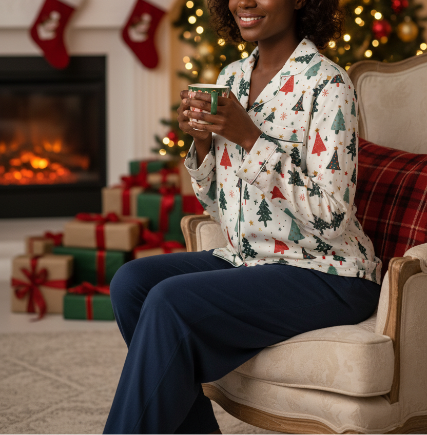 Black woman wearing the Blue Christmas women’s long sleeve pajama top with chest pocket and decorative piping in a Christmas living room