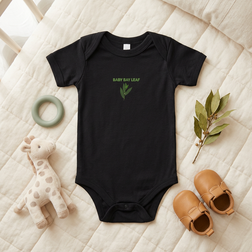 Black Baby Bay Leaf onesie styled as a flat lay with baby accessories.