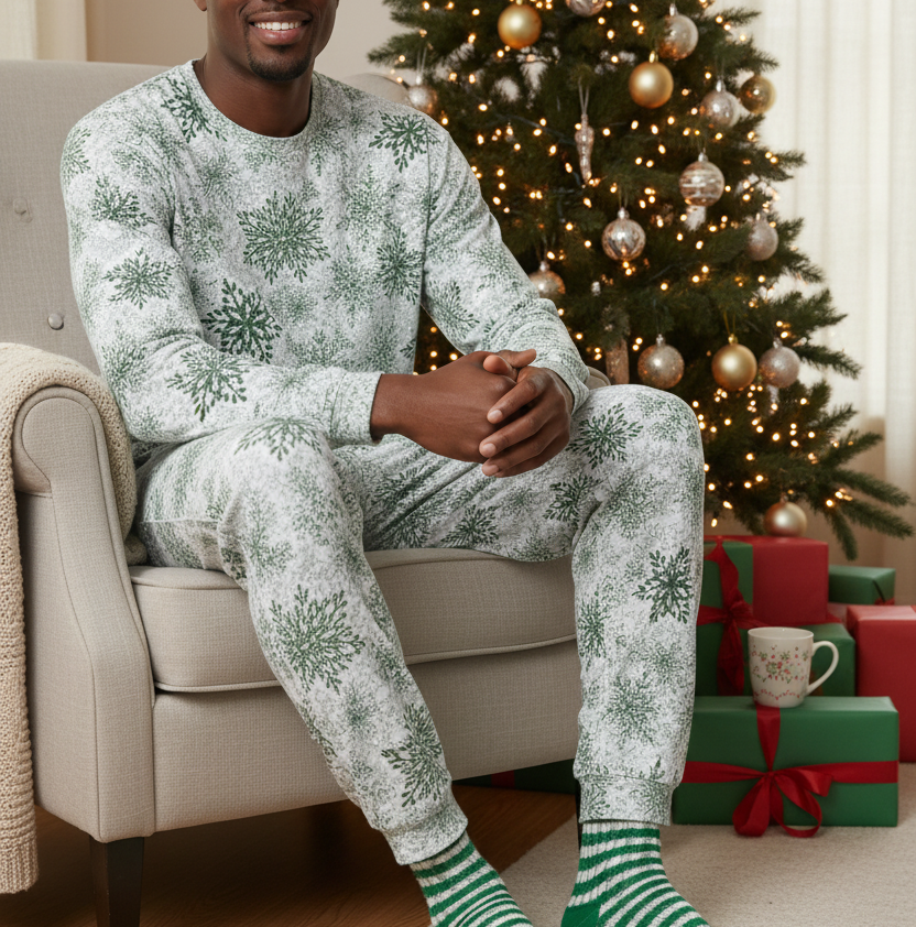 Black man wearing a matching green snowflake long sleeve crew neck pajama set in a Christmas living room