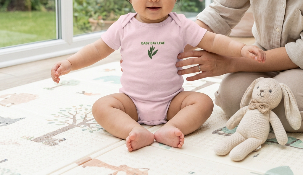 Baby wearing the pink Baby Bay Leaf onesie.