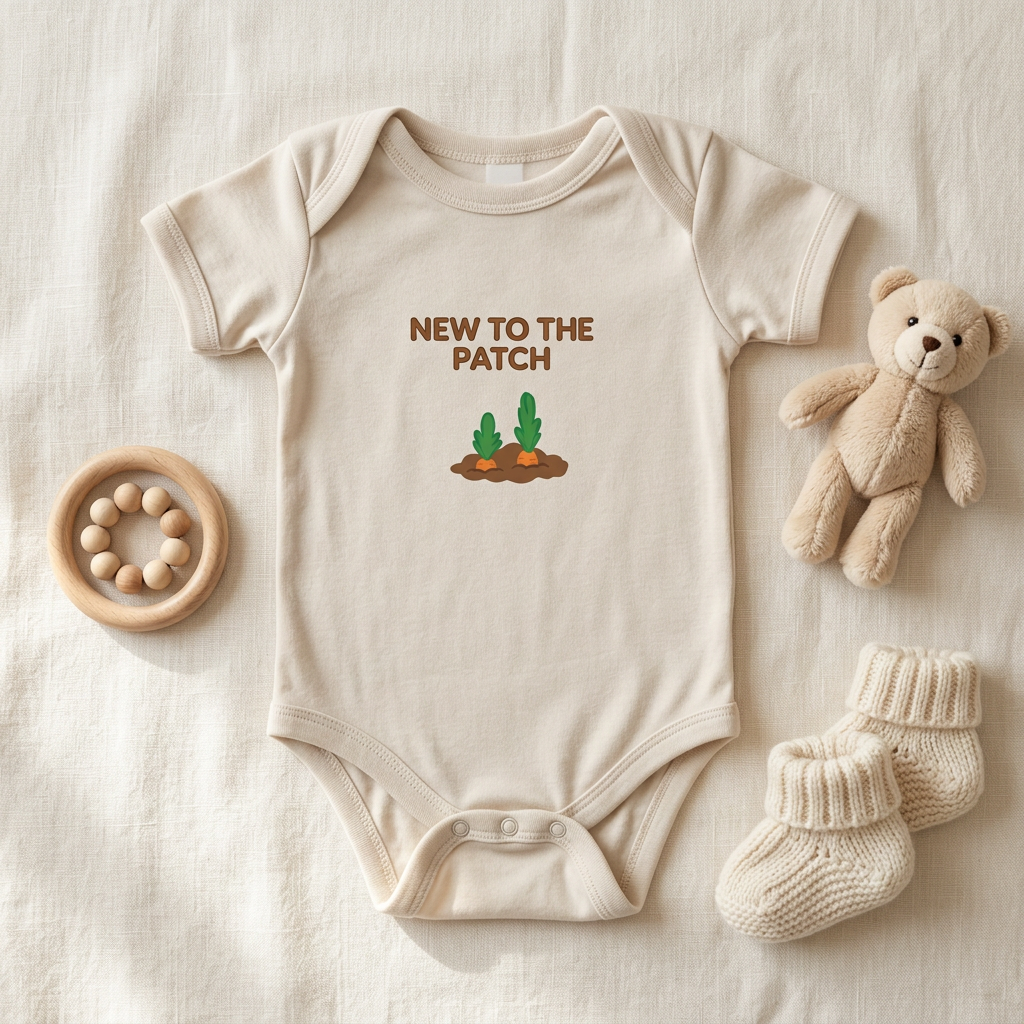 Light neutral Lil Carrot New to the Patch short-sleeve onesie styled with baby accessories