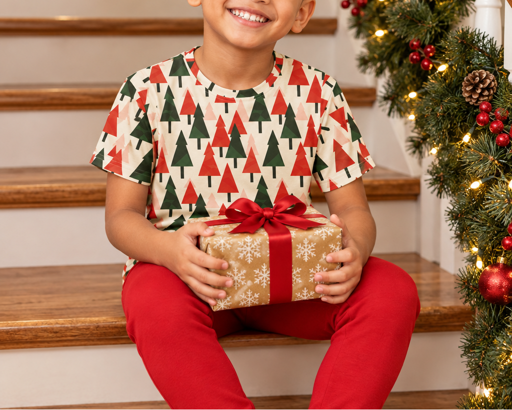 Child in Christmas Tree kids pajama top on a garland staircase holding a present
