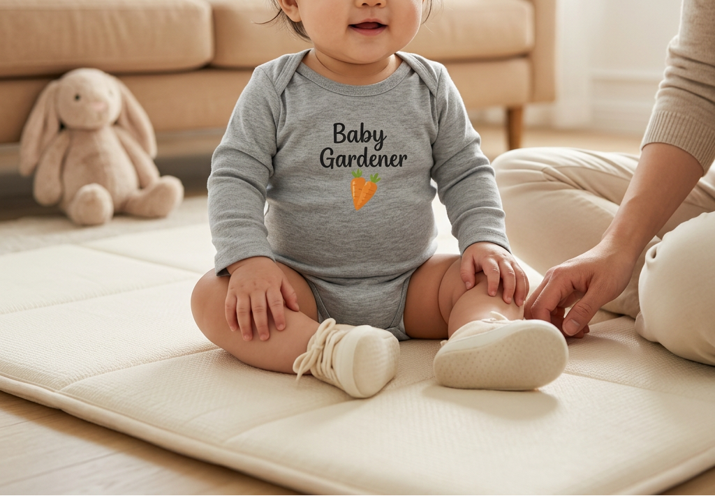 A baby sitting on a cream play mat in a bright living room, wearing a gray long-sleeve bodysuit with 'Baby Gardener' and a carrot graphic printed on the chest.