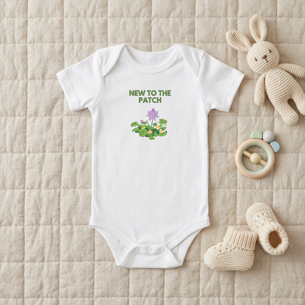 White New to the Patch flower baby onesie styled with baby accessories.