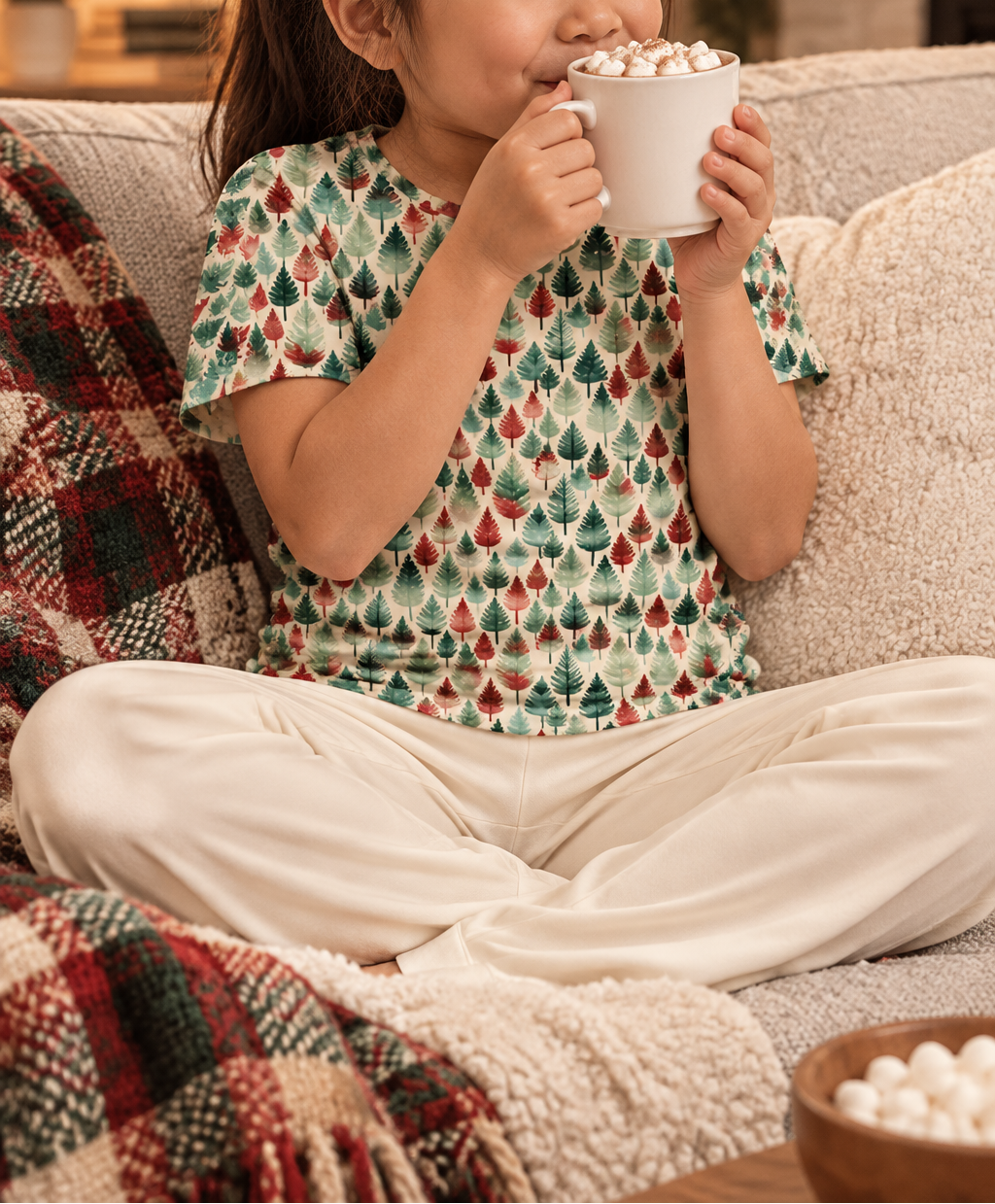 Girl in Leafy Dreams pajama top sipping hot cocoa on the sofa