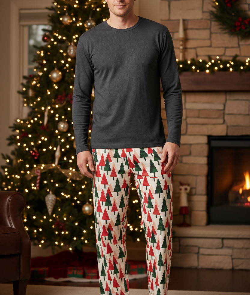 Unique blond white man wearing Christmas Tree men’s pajama pants with a charcoal shirt near a fireplace