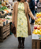 Yellow floral midi dress with a camel coat at a gourmet market