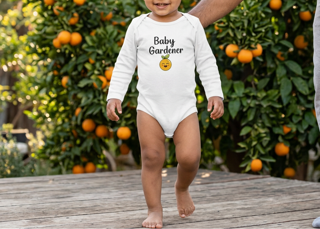 Toddler wearing white Baby Gardener Orange Onesie beside orange trees