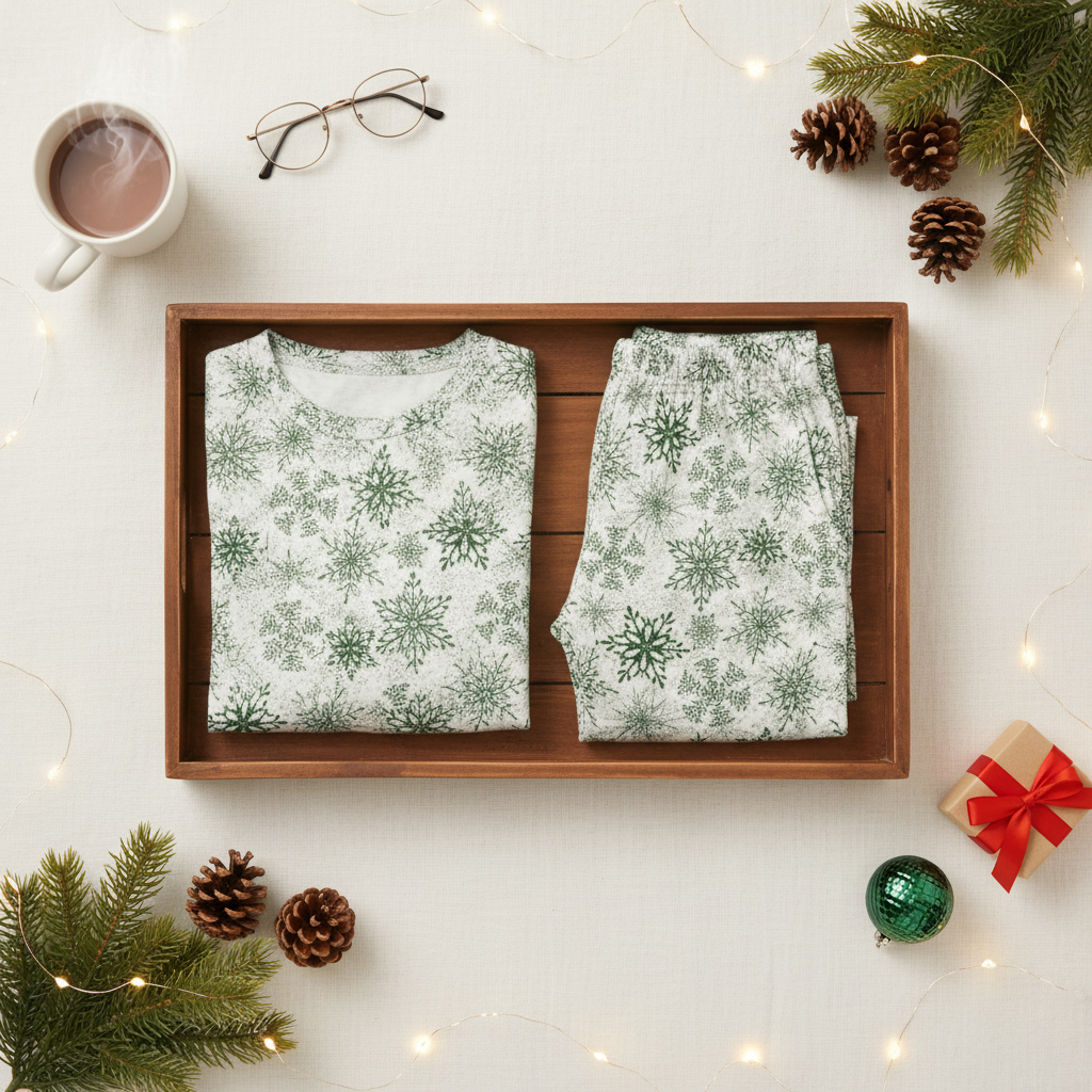 Folded Green Snowflake men’s pajama top and matching smooth pocketless pants in a wooden split tray with cocoa, greenery, gifts, and warm lights