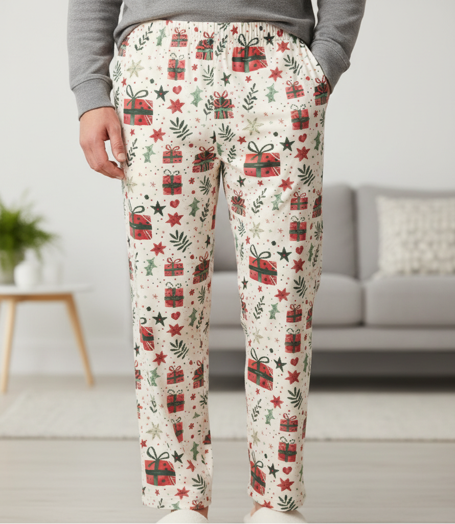Close up waist down detail of Christmas Present men’s pajama pants showing the elastic waistband and printed fabric