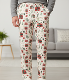 Close up waist down detail of Christmas Present men’s pajama pants showing the elastic waistband and printed fabric