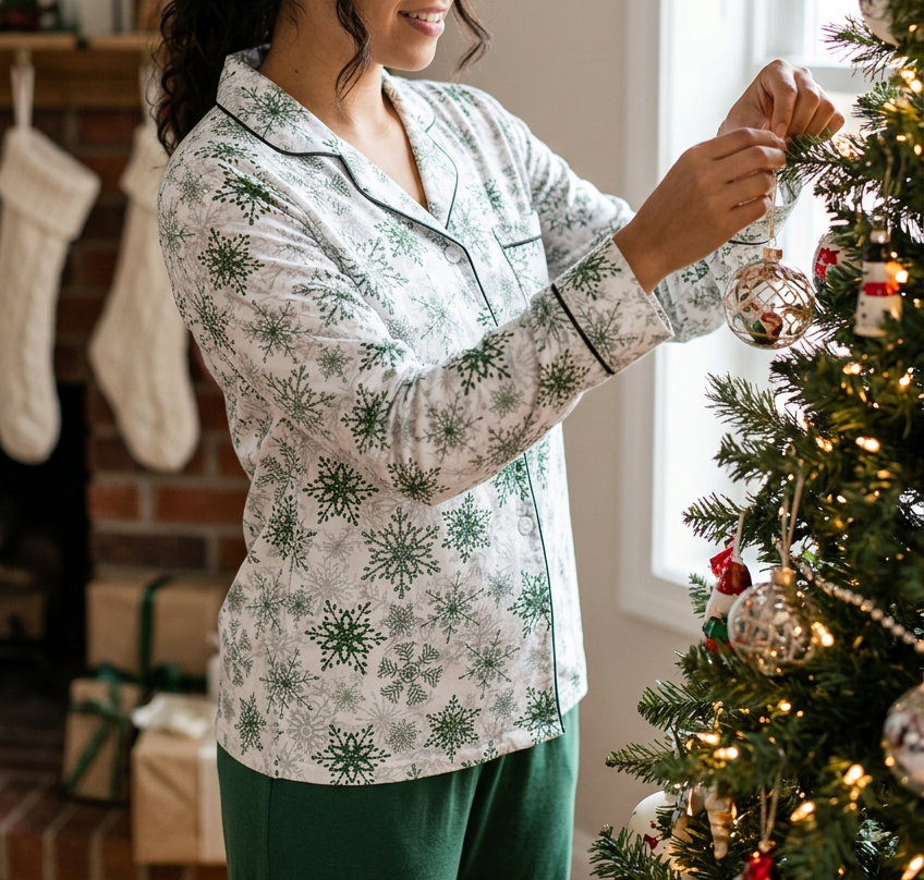 Green Snowflake Women's Long Sleeve Pajama Top while decorating a tree