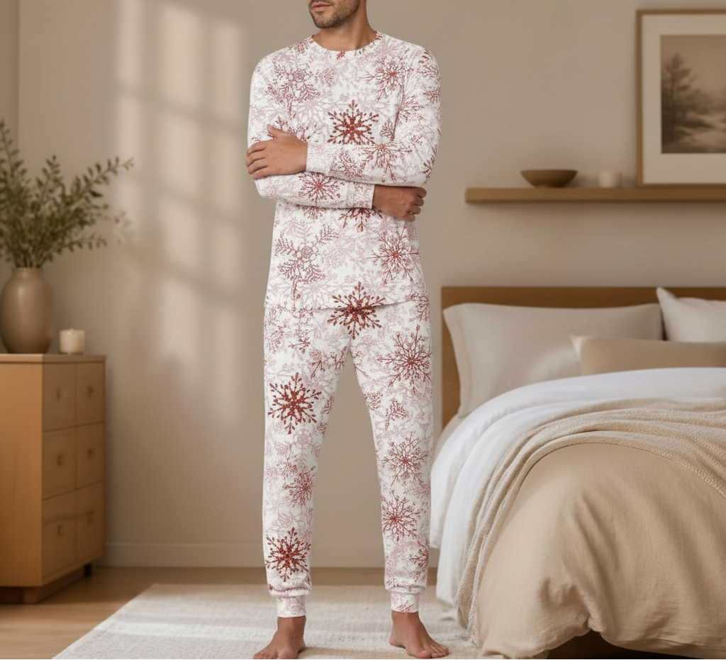 Man wearing a pocket-free red snowflake Christmas pajama set