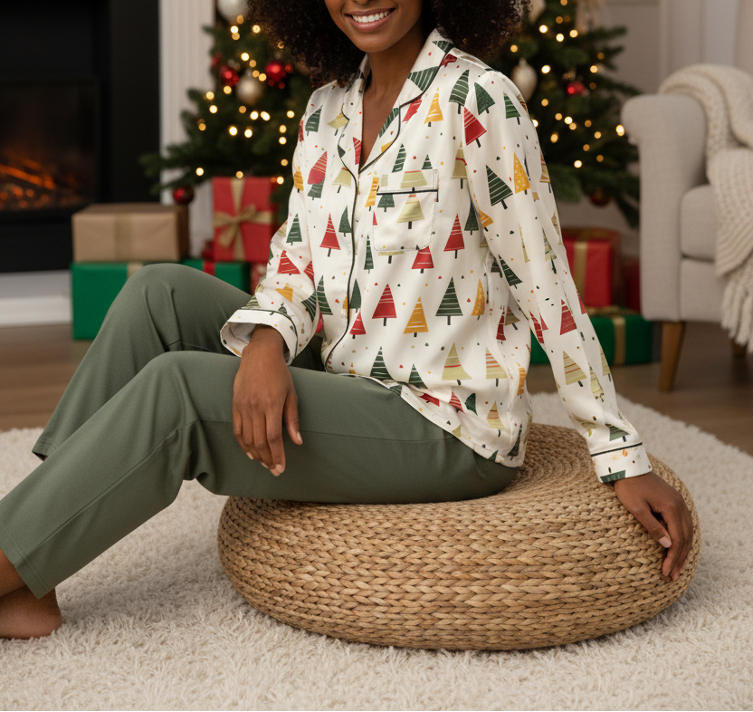 Black woman wearing the Spring Christmas women’s long sleeve pajama top with chest pocket and decorative piping in a Christmas living room