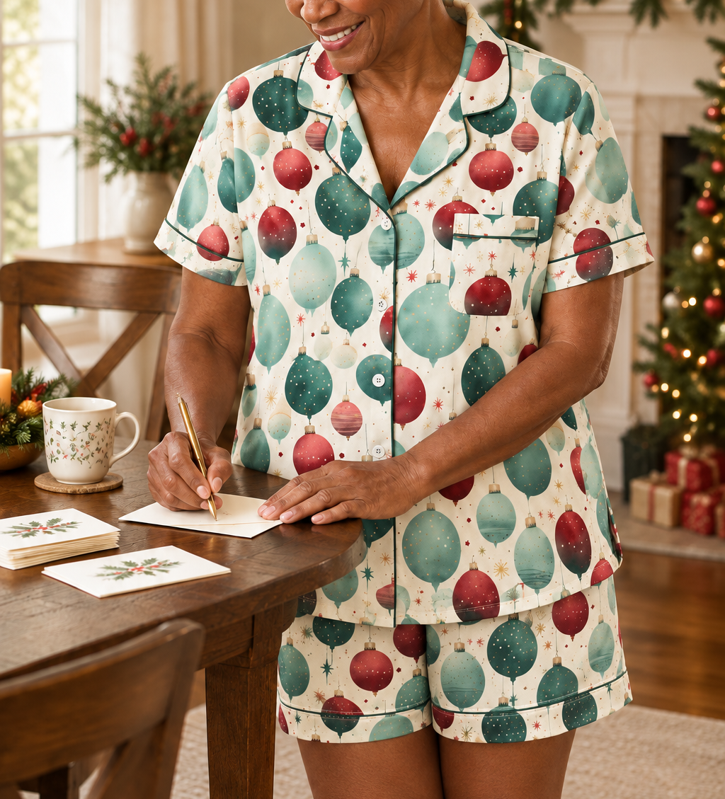 A woman writing holiday cards in the ivory ornament-print short-sleeve pajama top and matching pajama shorts.