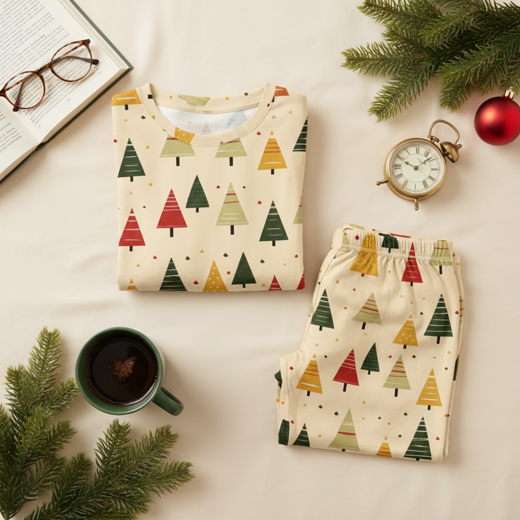 Folded Spring Christmas tree-print men’s pajama set with a book, reading glasses, cocoa, clock, and evergreen sprigs